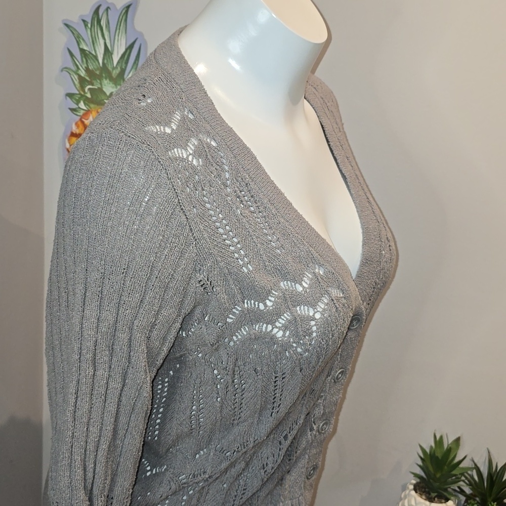 Torrid - Pointelle Cardigan V-Neck Sweater in Formal Gray​​​​ - Picture 6 of 12